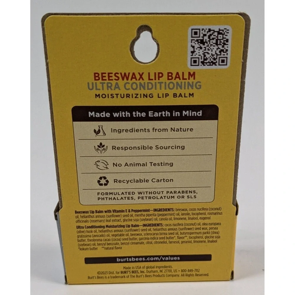 Burt's Bees Beewax & Ultra Conditioning Moisturizing Lip Balm 2 Pks of 2 Each